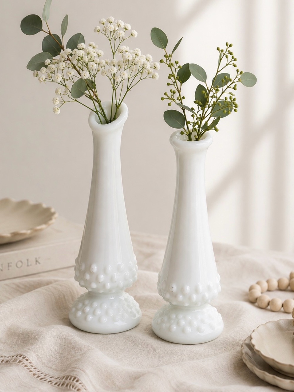(2-Piece) Vintage White Milk Glass Hobnail Bud Vases, OS - Picture 1 of 14
